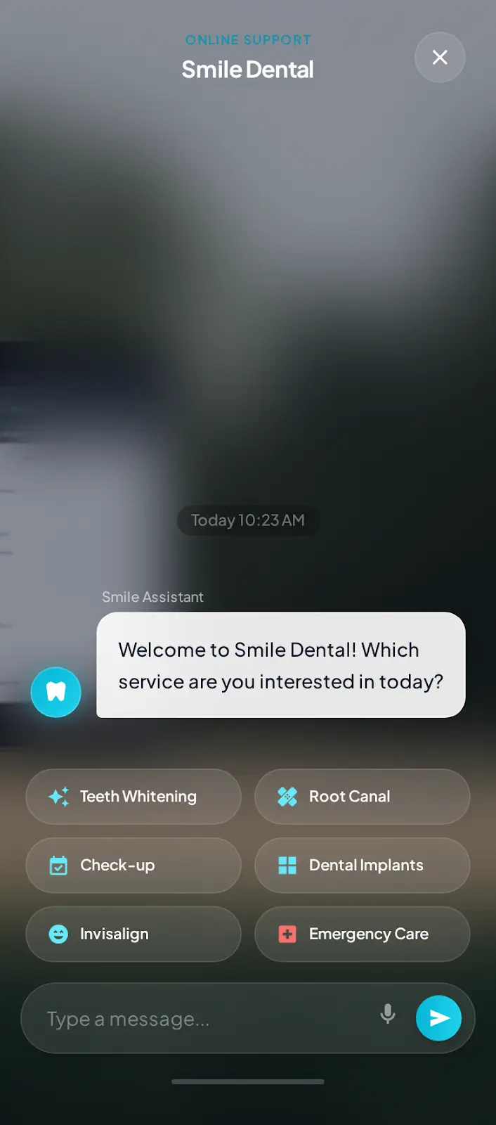 Modern Dark chatbot interface showing Sleek glassmorphic dark theme