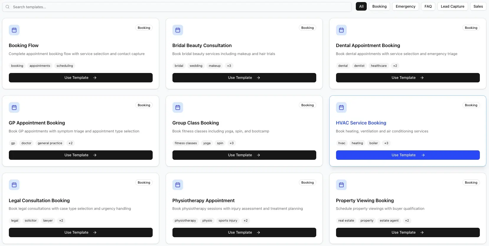 Industry-specific template selection showing dental, salon, and other service business options